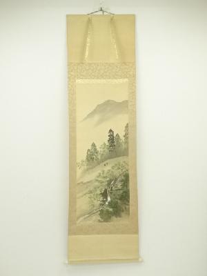 小谷苔明筆　彩色山水　肉筆絹本掛軸